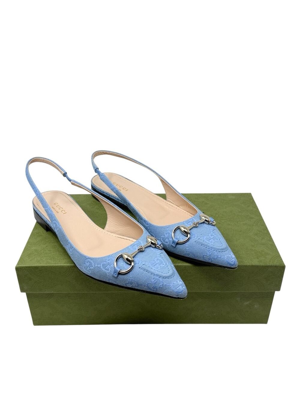 Gucci Erin Horsebit GG Canvas Slingback Blue Denim Ballet Flats Size 38